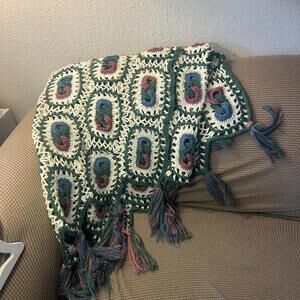 Boho Crochet Knit Throw Blanket Beige Green Blue Purple Tassels Chevron Decor Bo